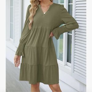 New Marokeety Long Sleeve Ruffle Midi Dress Olive V-Neck‎ Pockets Women's Small